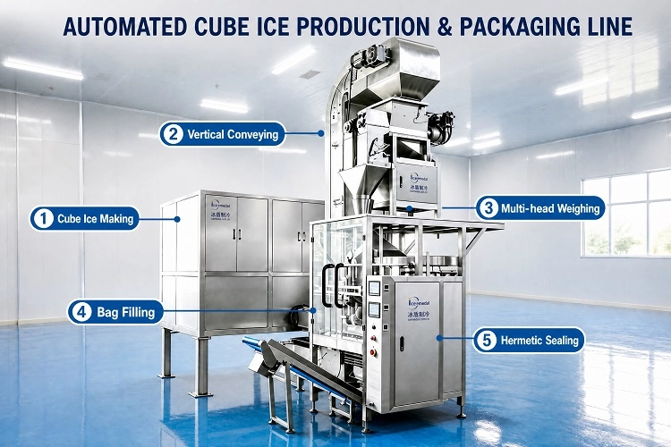 Linea automatizzata di produzione e confezionamento di cubetti di ghiaccio per una fabbrica di ghiaccio commerciale