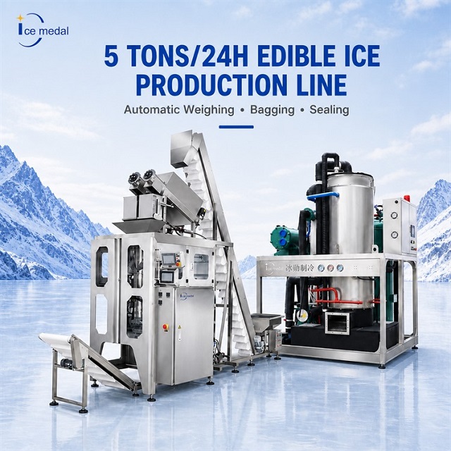 Linea di produzione di ghiaccio tubolare da 5 tonnellate con sistema di confezionamento automatico del ghiaccio