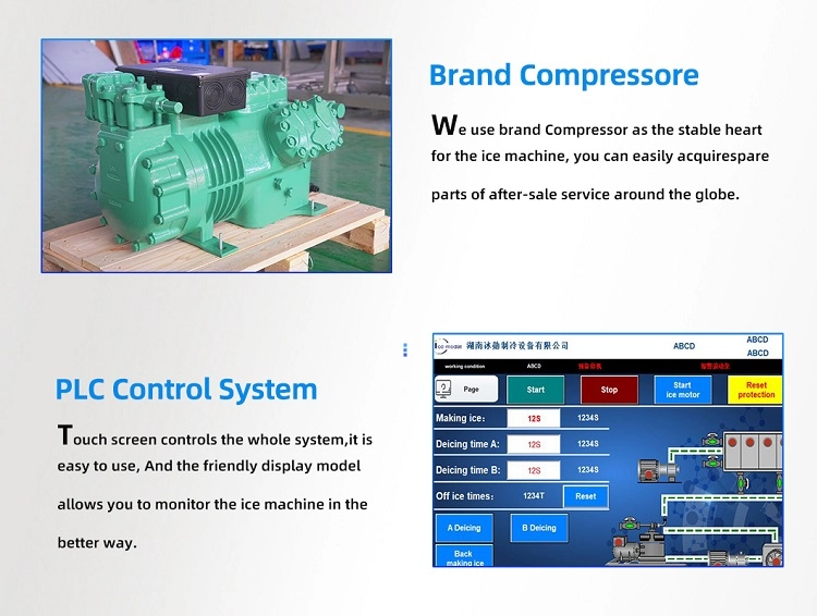 Macchina per il ghiaccio industriale con compressore di marca e sistema di controllo touch screen PLC.webp
