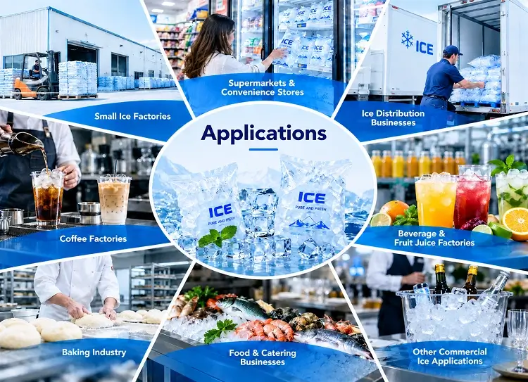 Scenari applicativi di macchine per il ghiaccio industriali a cubetti per fabbriche di ghiaccio, industria delle bevande e della ristorazione.webp